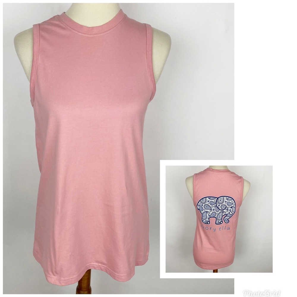 Ivory Ella Paisley Elephant Graphic Organic Cotton Muscle Tank Womens Small Pink